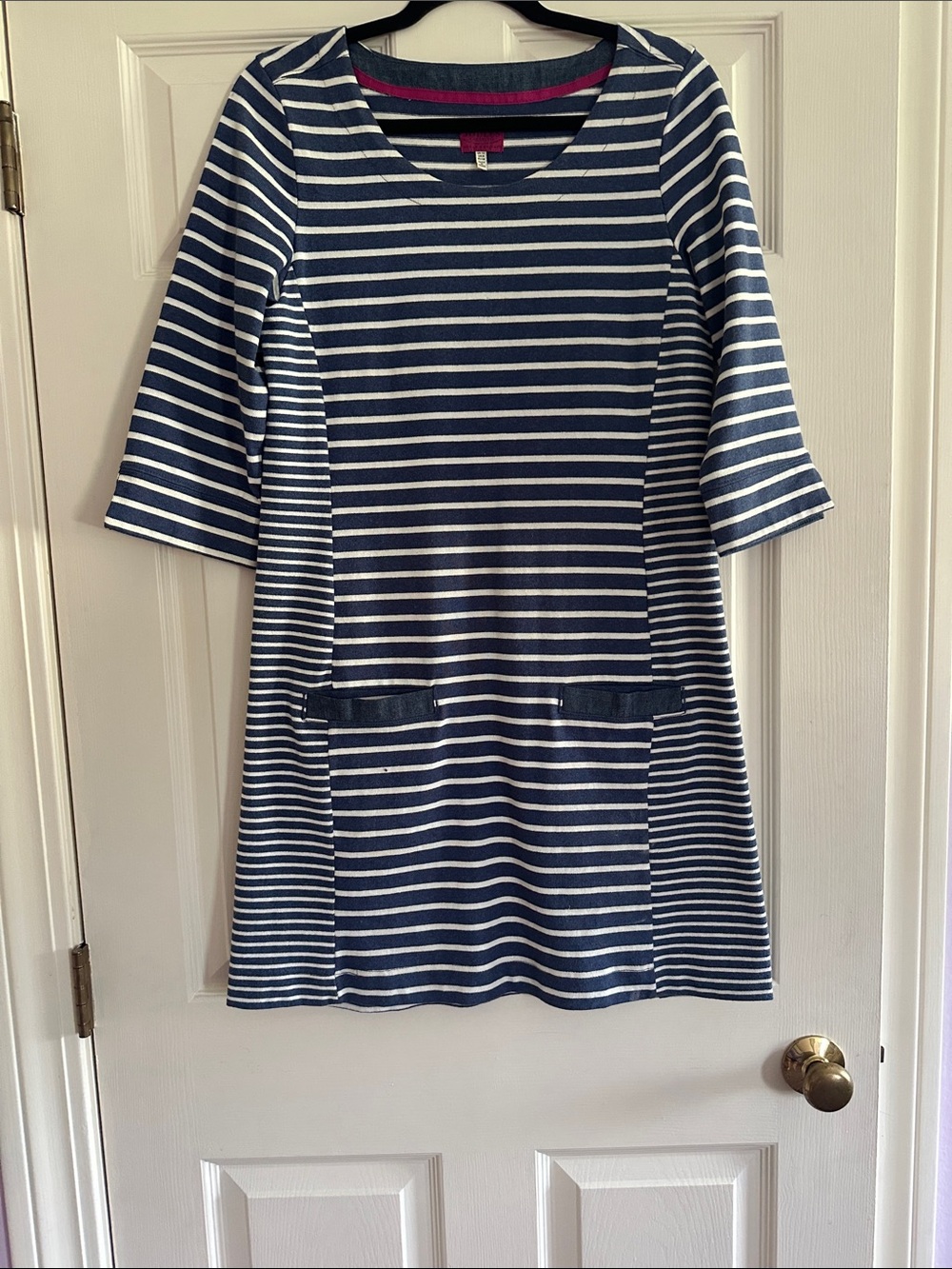 Joules Nautical Striped Knit Dress with Contrast Denim Trim Pockets Size 8